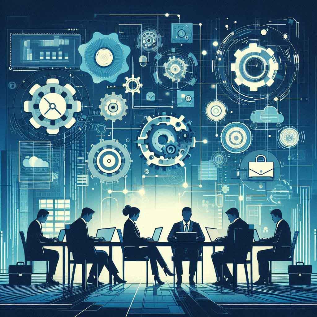 A graphic with many different gears above a group of people in a row at desks